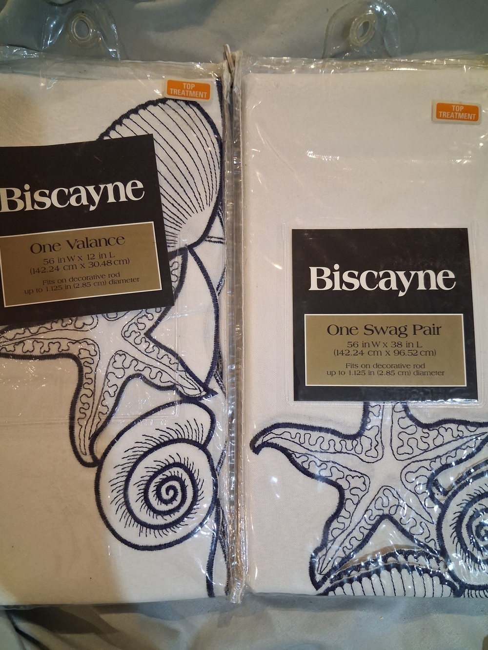 Biscayne Nautical Seashell & Starfish Valance/Swag Pair - White & Navy